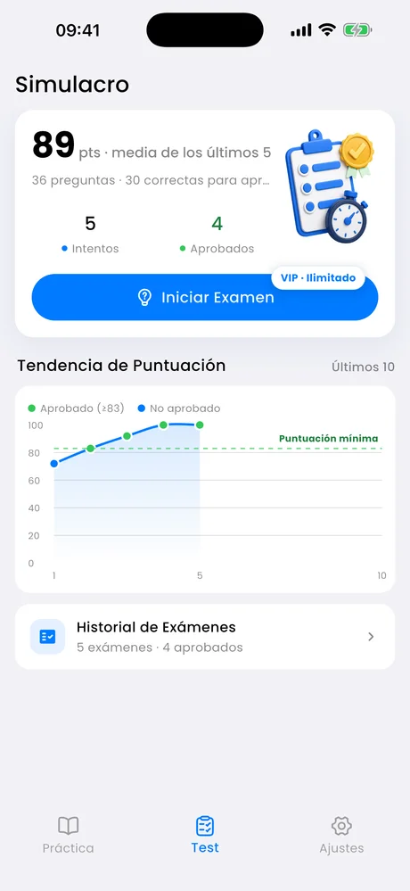 Pantalla de examen de práctica con una gráfica de tus puntajes