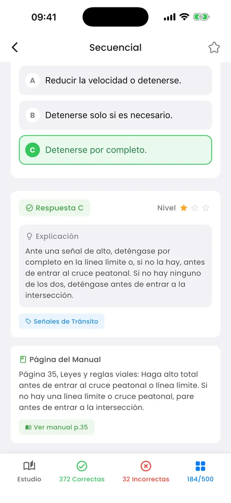 Pantalla de explicación: la respuesta correcta, el porqué y la página del manual