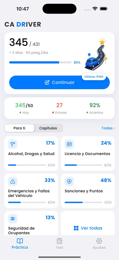 CA Driver home screen with study progress and topic practice (es)