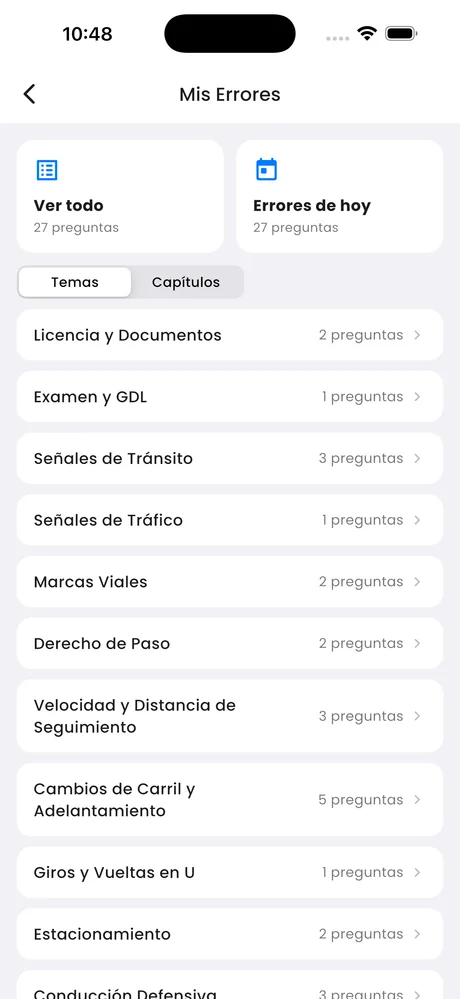 Pantalla de respuestas incorrectas, agrupadas por tema